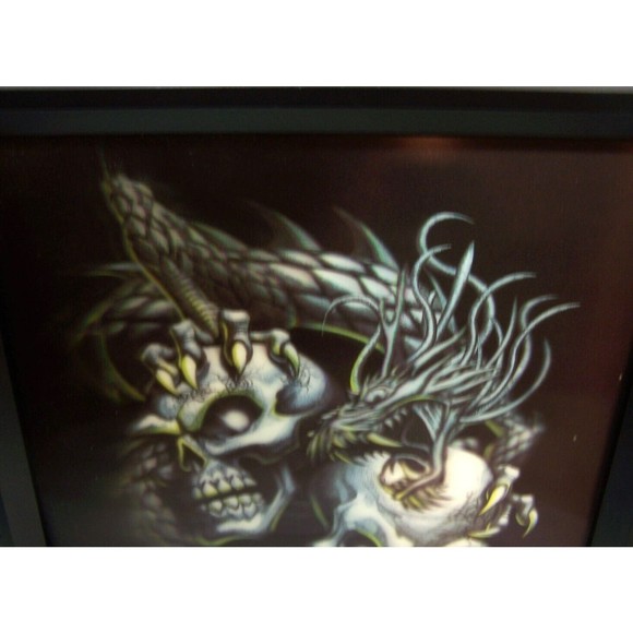 Vintage Holographic Skulls Dragon Psychedelic Illusion Framed Picture Art 13X16 - Picture 4 of 9